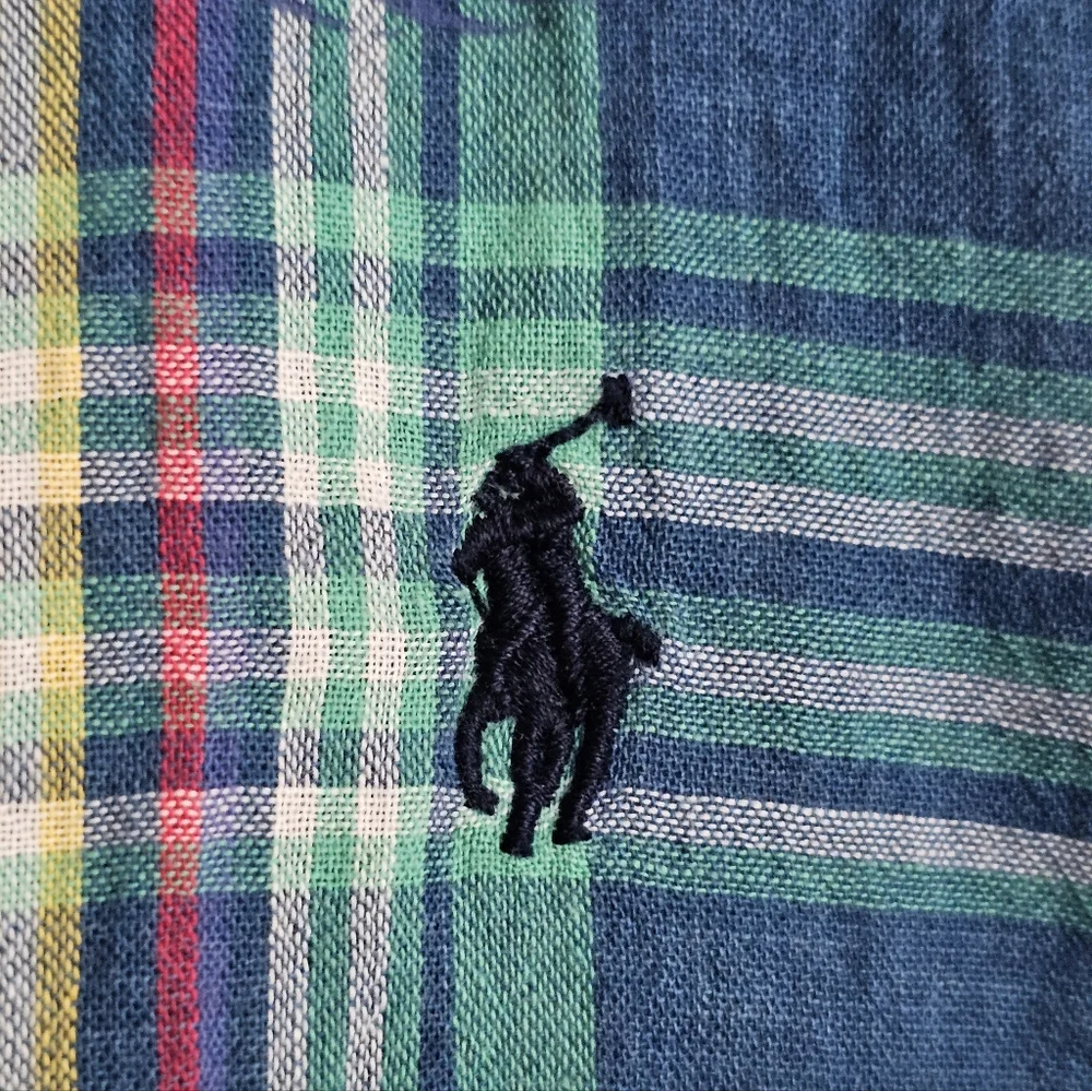 VTG Ralph Lauren Plaid Palms Short Sleeve Button Down Shirt Blue Green Youth XL